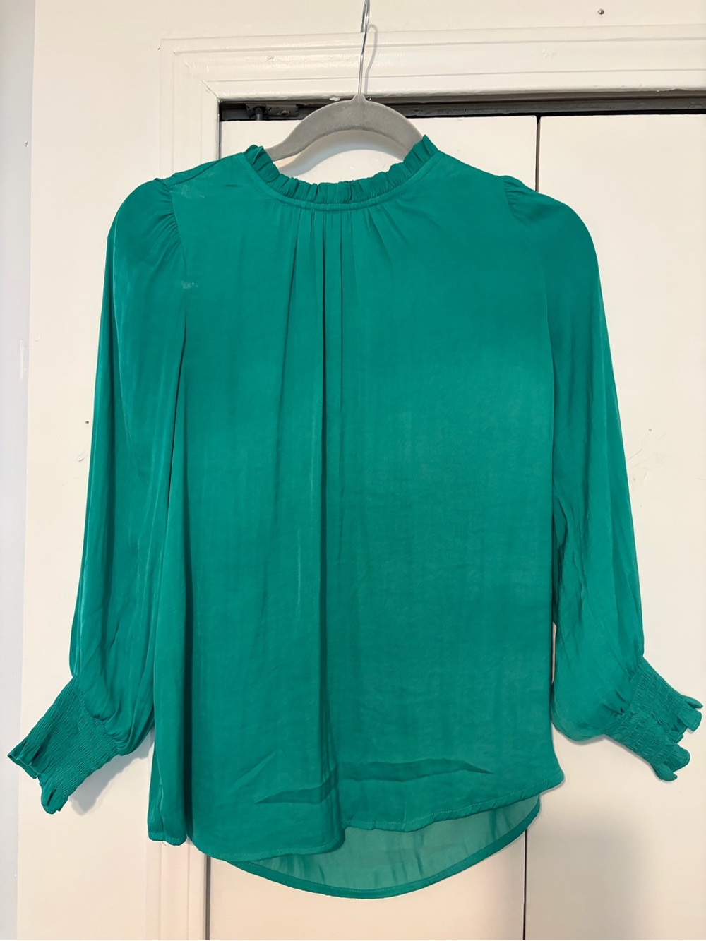 Women's Maison d’Amelie Teal Long-Sleeve Blouse w/ a classic ruffled neckline